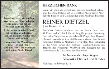 Traueranzeige von Reiner Dietzel von Eschwege