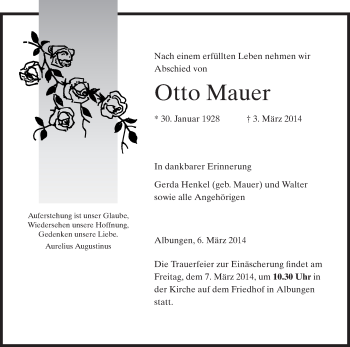 Traueranzeige von Otto Mauer von Eschwege