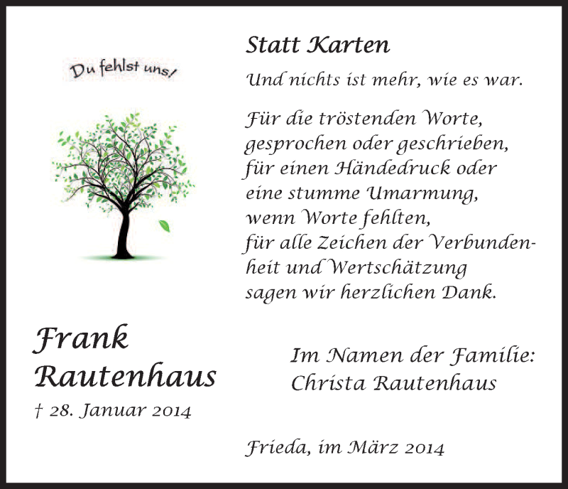  Traueranzeige für Frank Rautenhaus vom 08.03.2014 aus Eschwege