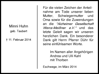Traueranzeige von Minni Huhn von Eschwege