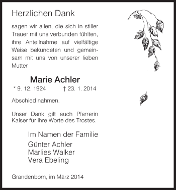 Traueranzeige von Marie Achler von Eschwege