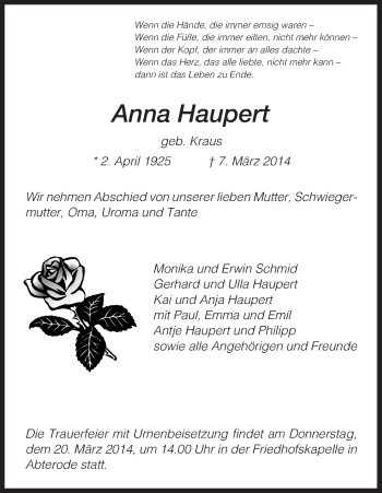 Traueranzeige von Anna Haupert von Eschwege