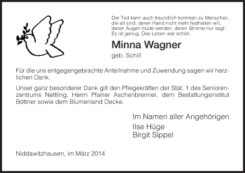 Traueranzeige von Minna Wagner von Eschwege