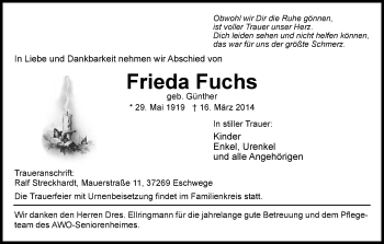 Traueranzeige von Frieda Fuchs von Eschwege