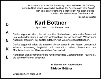 Traueranzeige von Karl Böttner von Eschwege