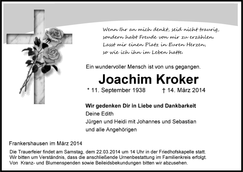  Traueranzeige für Joachim Kroker vom 20.03.2014 aus Eschwege