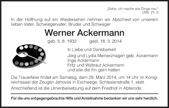 Traueranzeige von Werner Ackermann von Eschwege