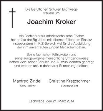 Traueranzeige von Joachim Kroker von Eschwege