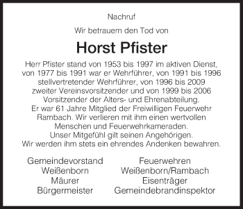 Traueranzeige von Horst Pfister von Eschwege