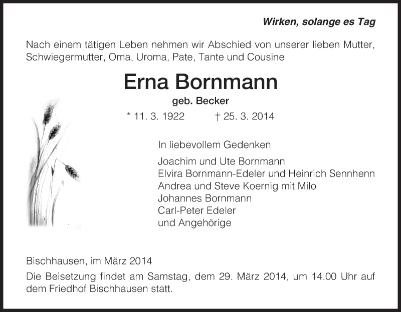  Traueranzeige für Erna Bornmann vom 28.03.2014 aus Eschwege