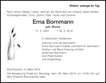 Traueranzeige von Erna Bornmann von Eschwege