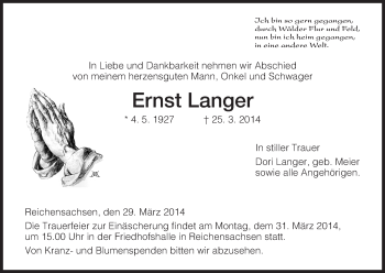 Traueranzeige von Ernst Langer von Eschwege