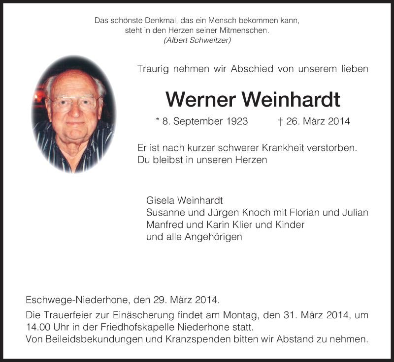 Traueranzeige für Werner Weinhardt vom 29.03.2014 aus Eschwege