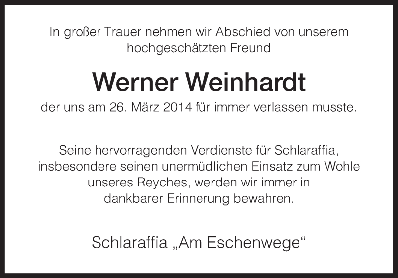  Traueranzeige für Werner Weinhardt vom 31.03.2014 aus Eschwege