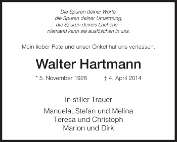 Traueranzeige von Walter Hartmann von Eschwege