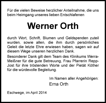 Traueranzeige von Werner Orth von Eschwege