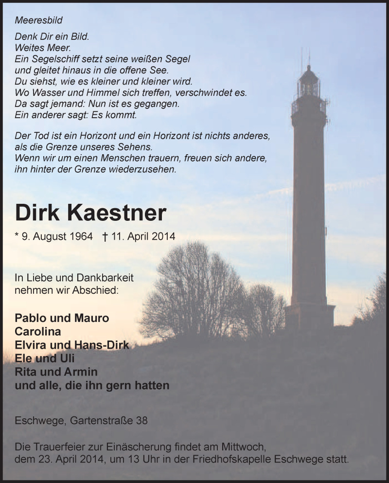  Traueranzeige für Dirk Kaestner vom 19.04.2014 aus Eschwege