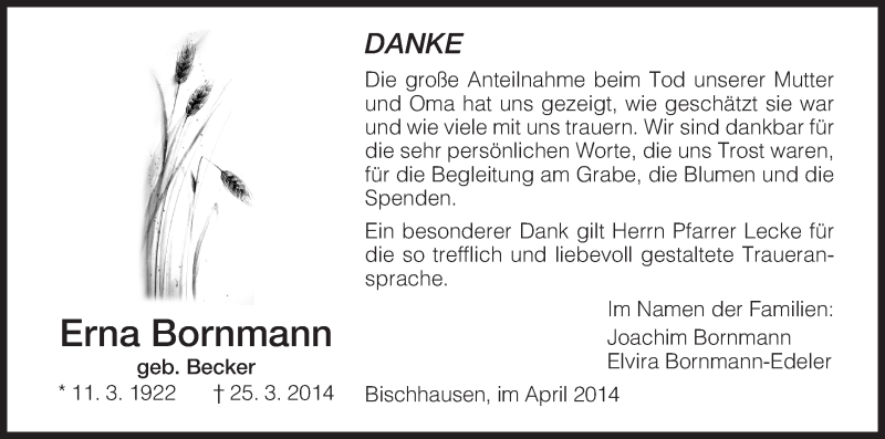  Traueranzeige für Erna Bornmann vom 19.04.2014 aus Eschwege