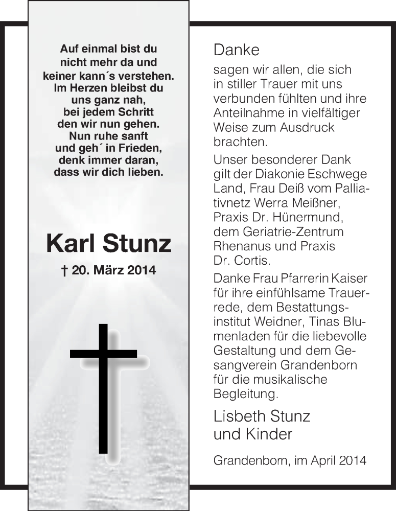  Traueranzeige für Karl Stunz vom 26.04.2014 aus Eschwege