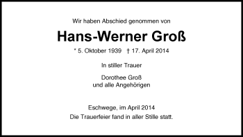 Traueranzeige von Hans-Werner Groß von Eschwege