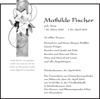 Traueranzeige von Fischer Mathilde von Eschwege
