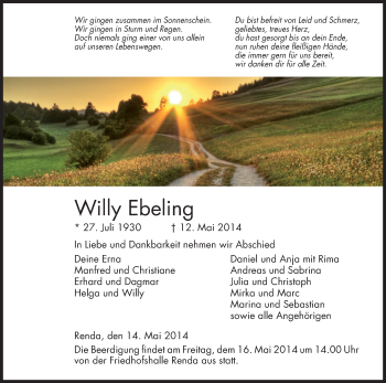 Traueranzeige von Willy Ebeling von Eschwege