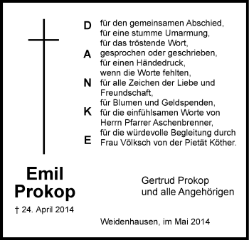 Traueranzeige von Emil Prokop von Eschwege