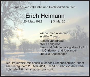 Traueranzeige von Erich Heinemann von Eschwege