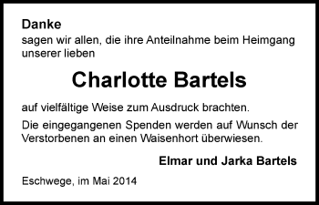 Traueranzeige von Charlotte Bartels von Eschwege