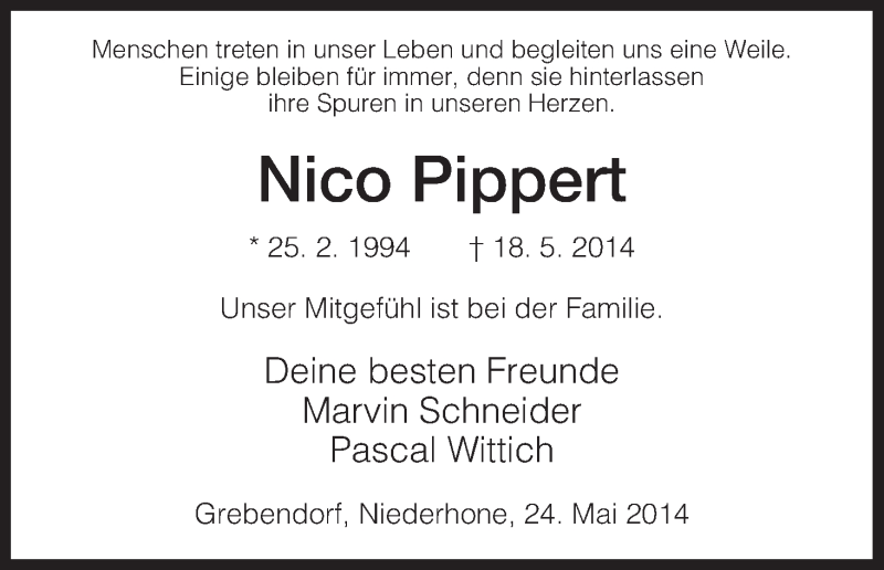  Traueranzeige für Nico Pippert vom 24.05.2014 aus Eschwege