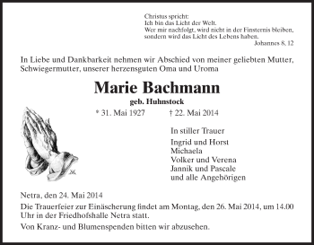 Traueranzeige von Marie Bachmann von Eschwege