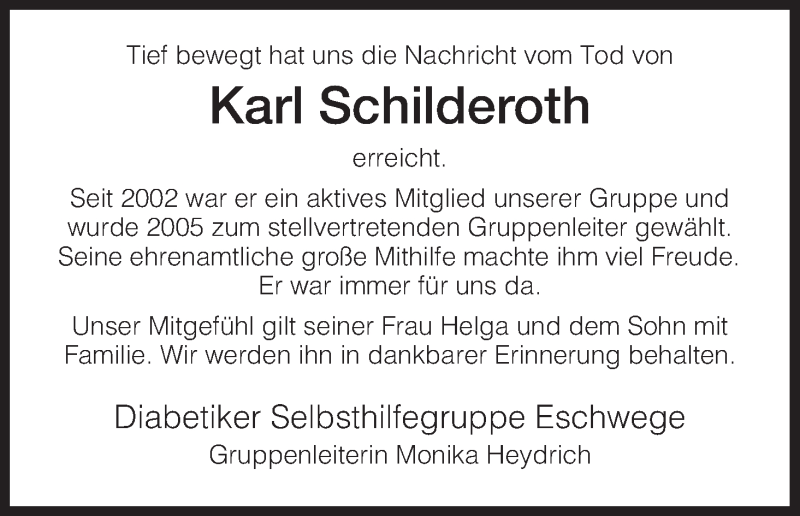  Traueranzeige für Karl Schilderoth vom 28.05.2014 aus Eschwege