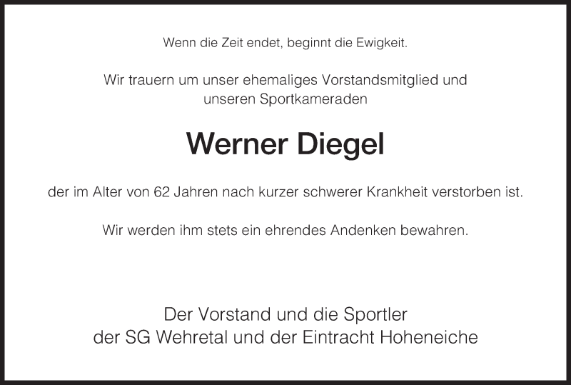  Traueranzeige für Werner Diegel vom 28.05.2014 aus Eschwege
