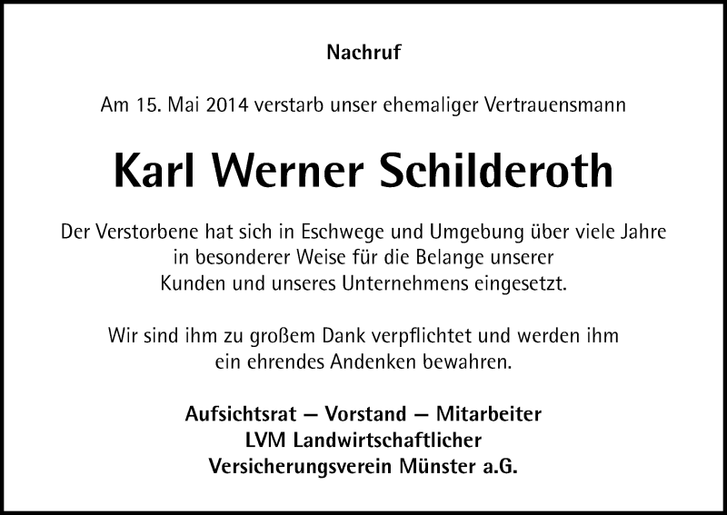  Traueranzeige für Karl Werner Schilderoth vom 31.05.2014 aus Eschwege
