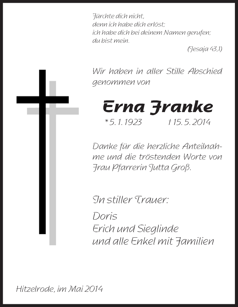  Traueranzeige für Erna Franke vom 31.05.2014 aus Eschwege