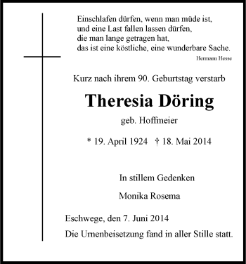 Traueranzeige von Theresia Döring von Eschwege