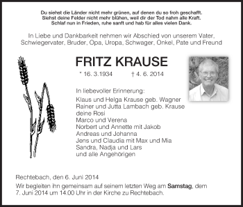 Traueranzeige von Fritz Krause von Eschwege