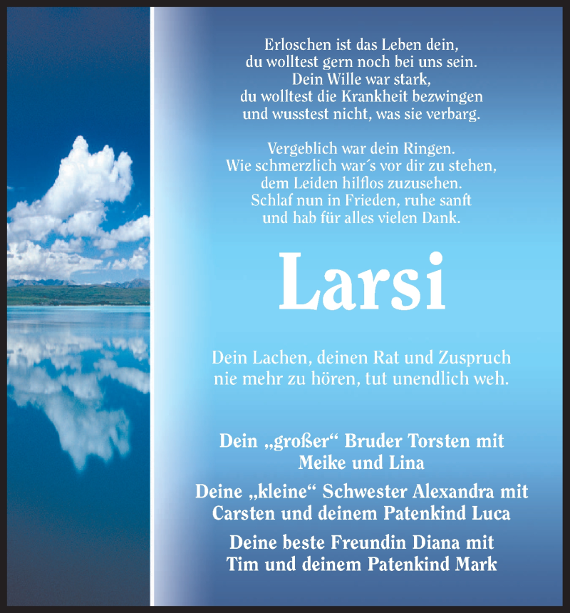  Traueranzeige für Larsi  vom 12.06.2014 aus Eschwege