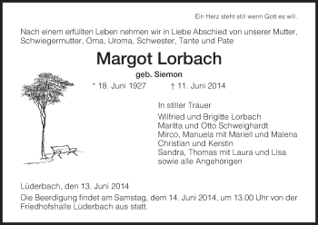 Traueranzeige von Margot Lorbach von Eschwege