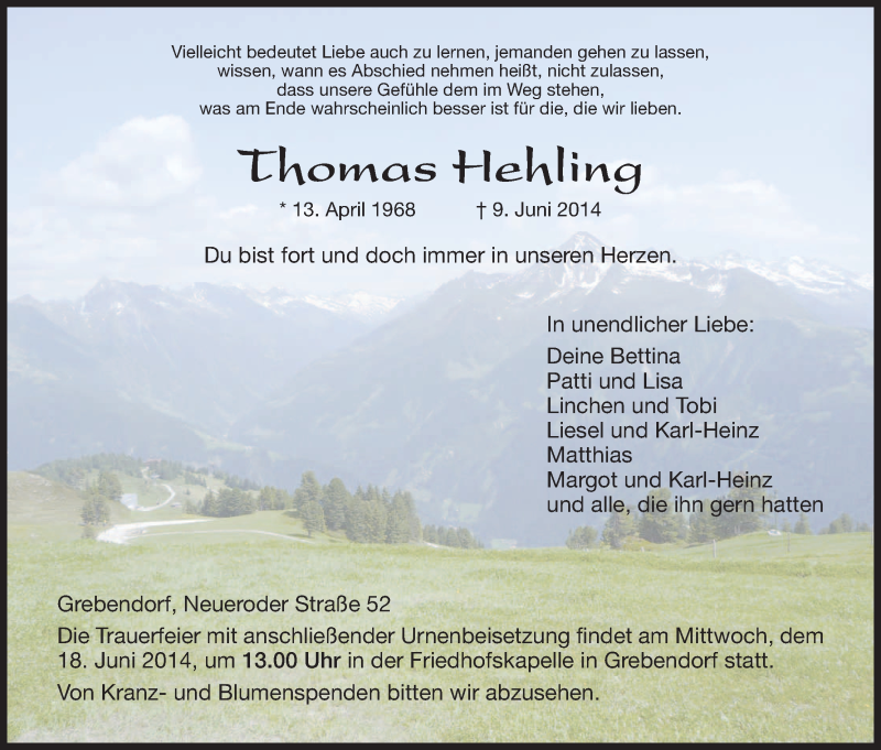  Traueranzeige für Thomas Hehling vom 14.06.2014 aus Eschwege