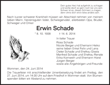 Traueranzeige von Erwin Schade von Eschwege