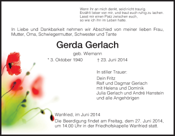 Traueranzeige von Gerda Gerlach von Eschwege