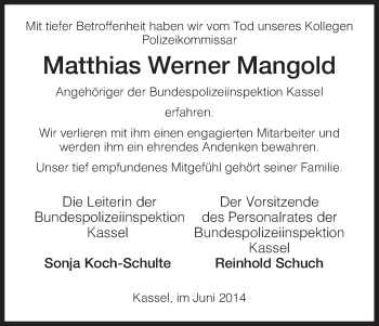 Traueranzeige von Matthias Werner Mangold von Eschwege