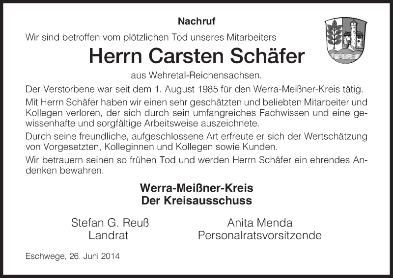  Traueranzeige für Carsten Schäfer vom 26.06.2014 aus Eschwege
