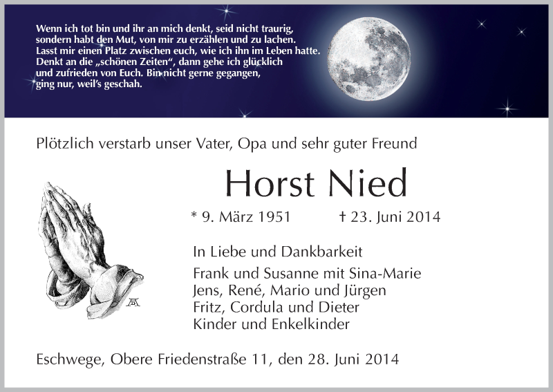  Traueranzeige für Horst Nied vom 28.06.2014 aus Eschwege