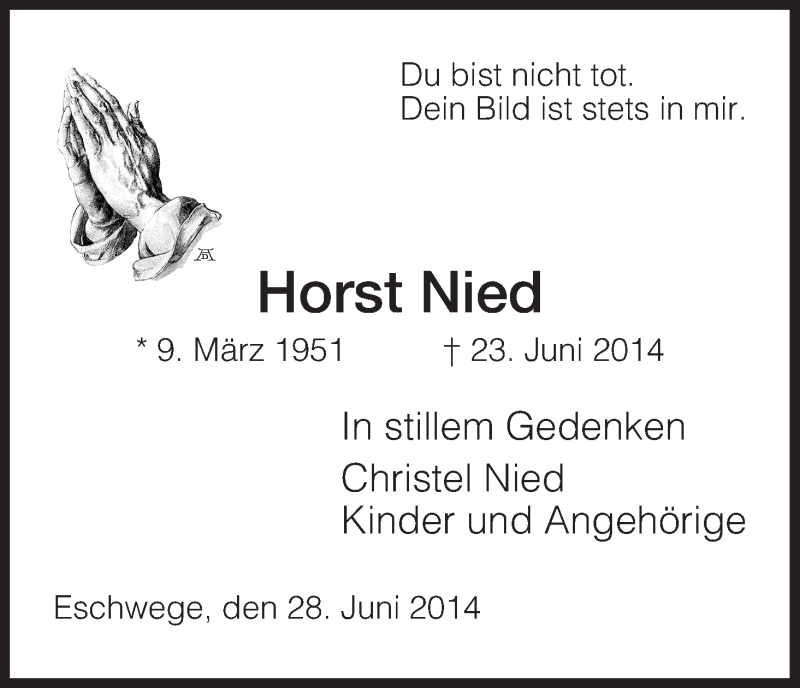  Traueranzeige für Horst Nied vom 28.06.2014 aus Eschwege