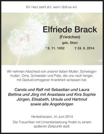 Traueranzeige von Elfriede Brack von Eschwege