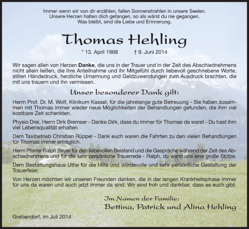  Traueranzeige für Thomas Hehling vom 12.07.2014 aus Eschwege