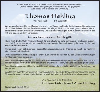 Traueranzeige von Thomas Hehling von Eschwege