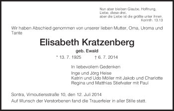 Traueranzeige von Elisabeth Kratzenberg von Eschwege